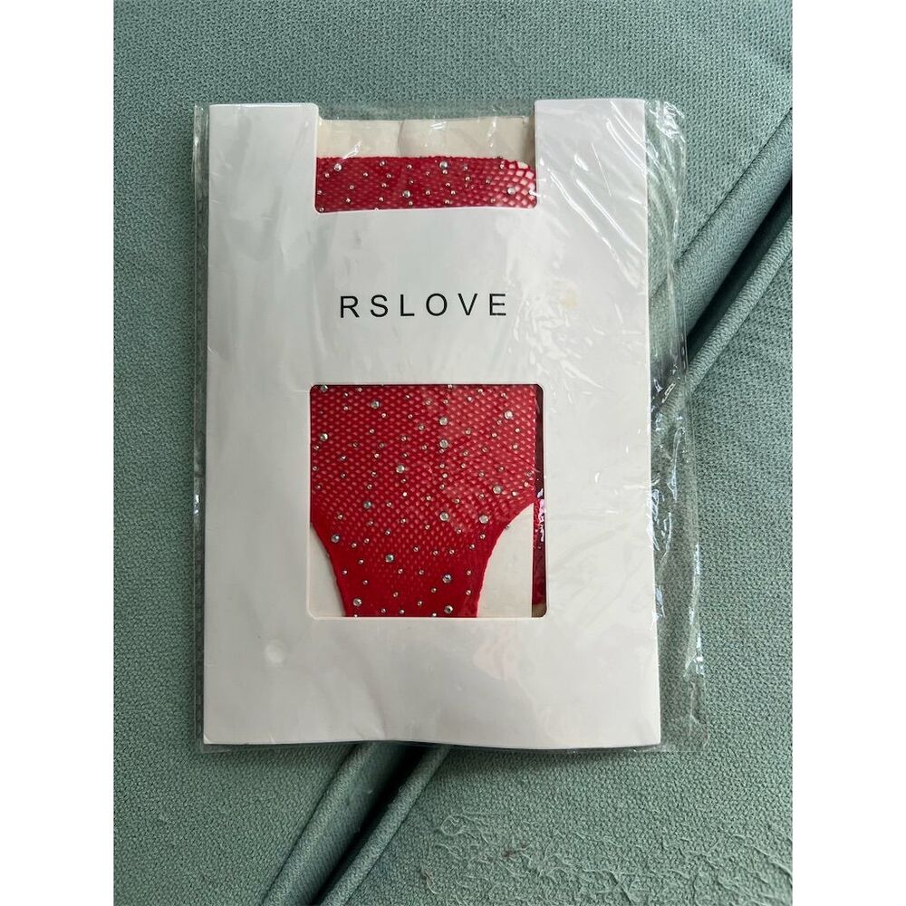 RSLove Women's Red Rhinestone Fishnet Bodysuit One Size